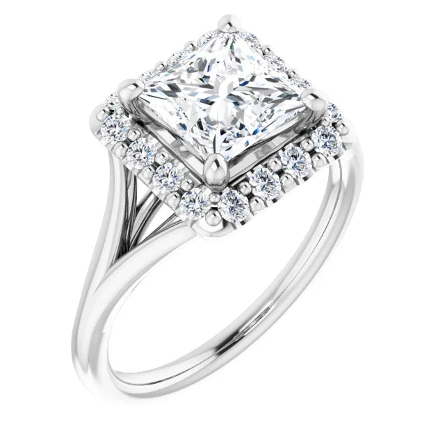 Princess White Gold Halo Solitaire Split Band Moissanite Engagement Ring