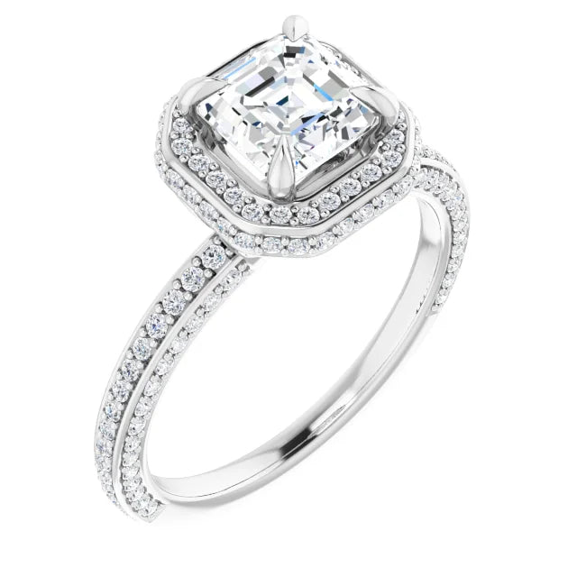 Asscher White Gold Halo Pave Style Moissanite Engagement Ring