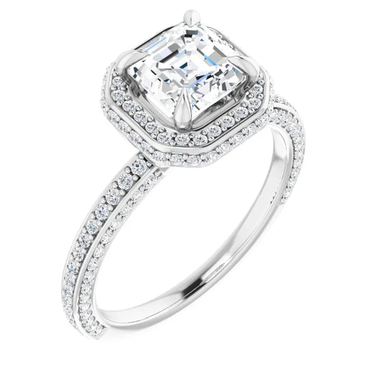 Asscher White Gold Halo Pave Style Moissanite Engagement Ring
