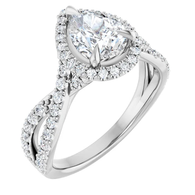 Pear White Gold Twist Band Halo Moissanite Engagement Ring