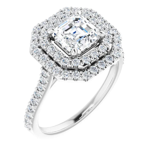 Asscher Double Halo White Gold Moissanite Engagement Ring