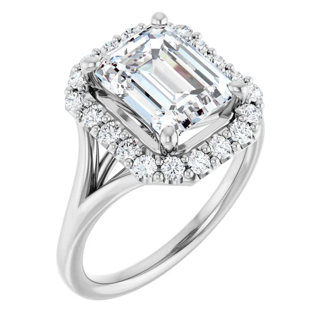 Emerald White Gold Halo Solitaire Split Band Moissanite Engagement