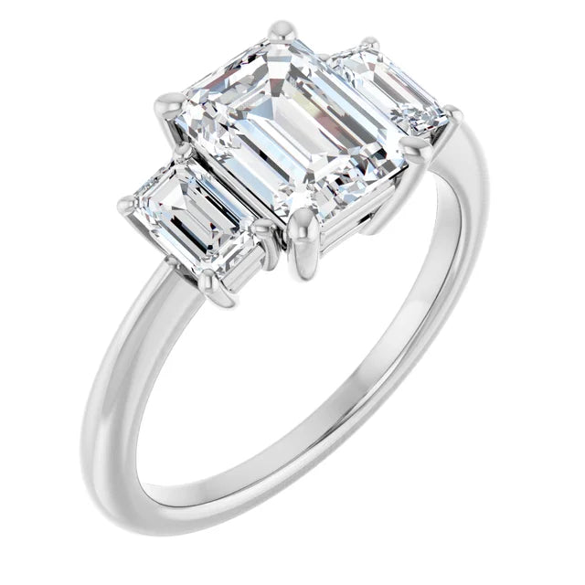 Emerald White Gold Tri Stone Moissanite Engagement Ring