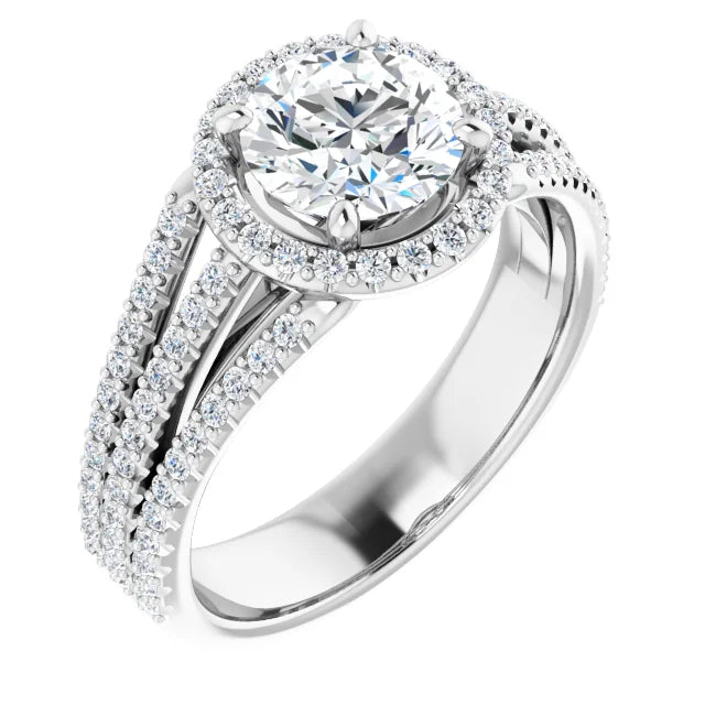 Round Brilliant White Gold Halo Split Pave Moissanite Engagement Ring