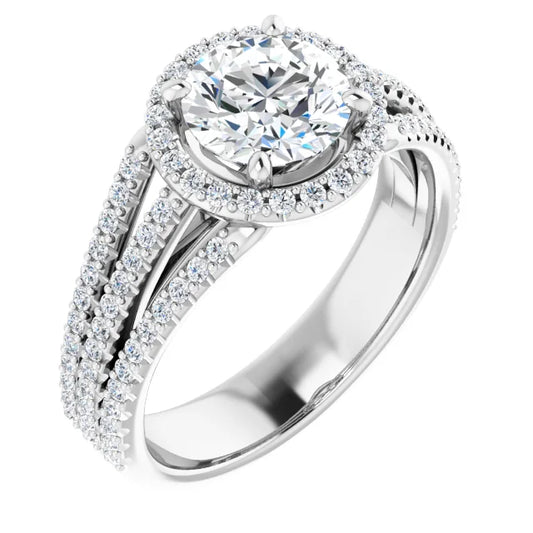 Round Brilliant White Gold Halo Split Pave Moissanite Engagement Ring