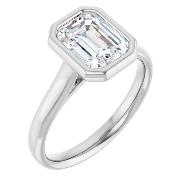 Emerald White Gold Solitaire Bezel Moissanite Engagement Ring