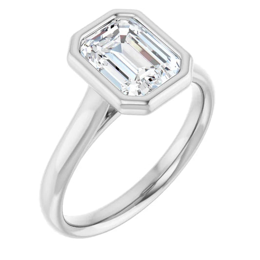 Emerald White Gold Solitaire Bezel Moissanite Engagement Ring
