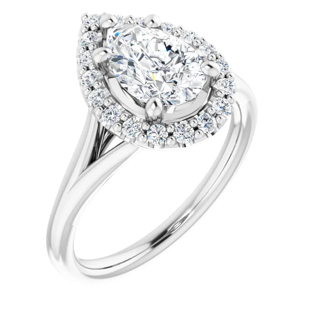 Pear White Gold Halo Solitaire Split Band Moissanite Engagement Ring