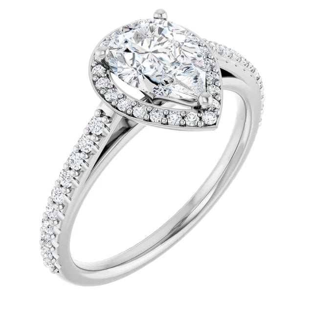 Pear White Gold Halo Moissanite Engagement Ring