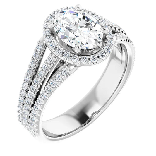 Oval White Gold Halo Split Pave Moissanite Engagement Ring