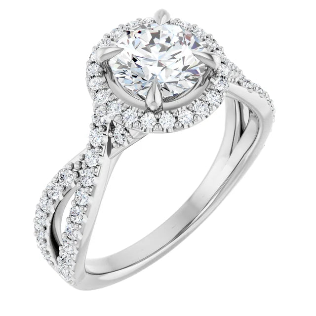 Round Brilliant White Gold Twist Band Halo Moissanite Engagement Ring
