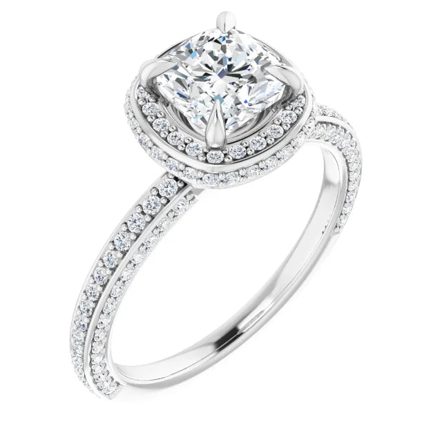 Cushion White Gold Halo Pave Style Moissanite Engagement Ring