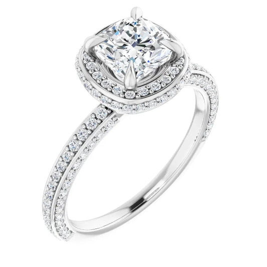 Cushion White Gold Halo Pave Style Moissanite Engagement Ring