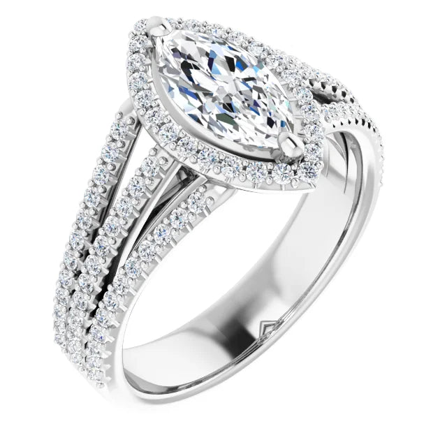 Marquise White Gold Halo Split Pave Moissanite Engagement Ring