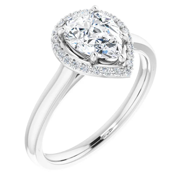 White Gold Pear Halo Solitaire Engagement Ring. Moissanite