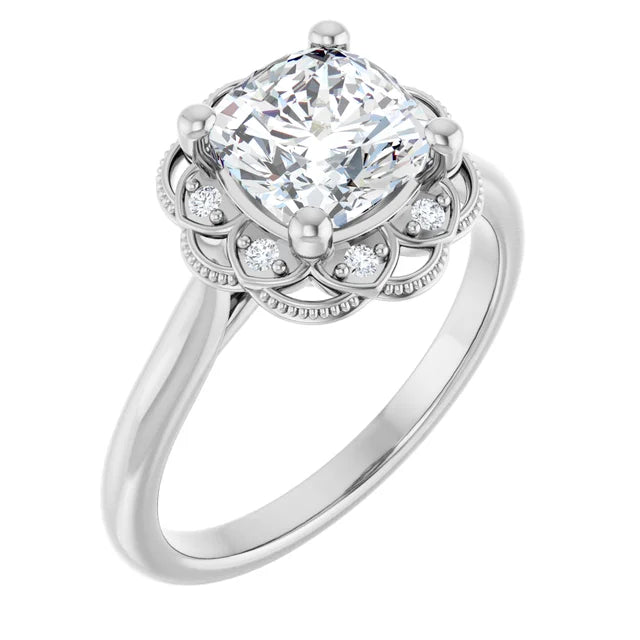 Cushion White Gold Halo Moissanite Engagement Ring