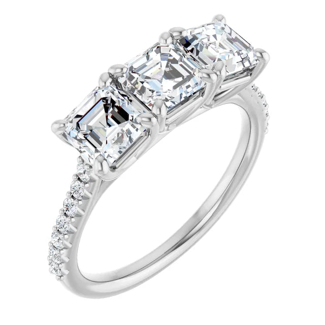 Asscher White Gold Tri Stone Moissanite Engagement Ring