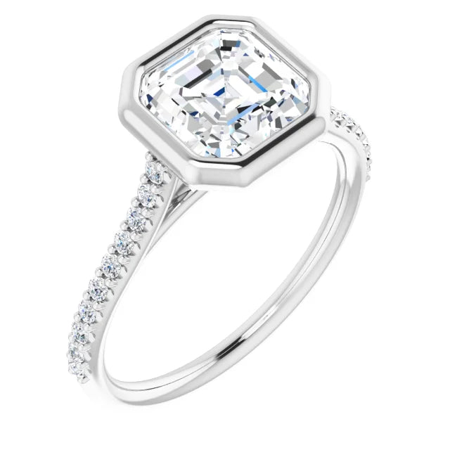 Asscher White Gold Bezel Pave Moissanite Engagement Ring