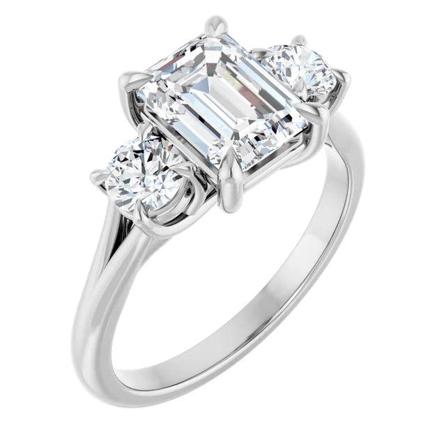 Emerald White Gold Tri Stone Moissanite Engagement Ring