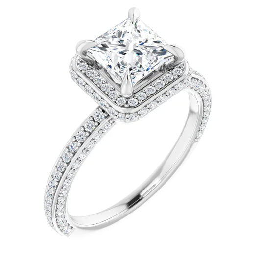 Princess White Gold Halo Pave Style Moissanite Engagement Ring