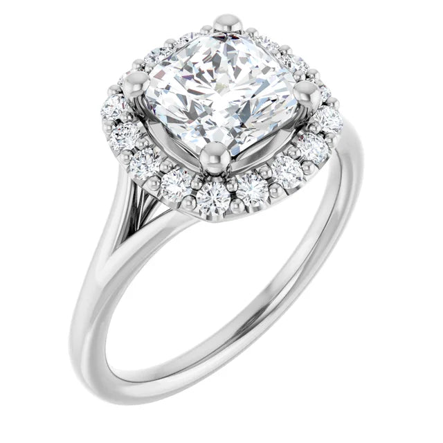 Cushion White Gold Halo Solitaire Split Band Moissanite Engagement