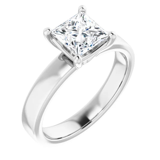 Princess White Gold Wide Band Solitaire Moissanite Engagement Ring