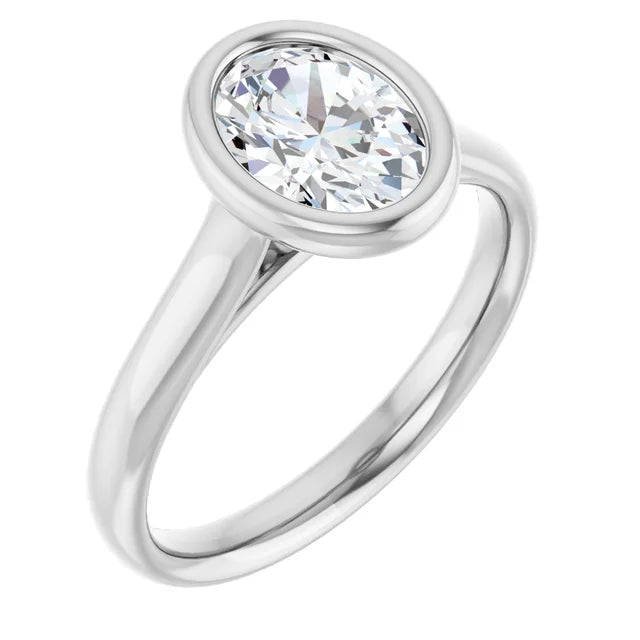 Oval Solitaire White Gold Bezel Moissanite Engagement Ring