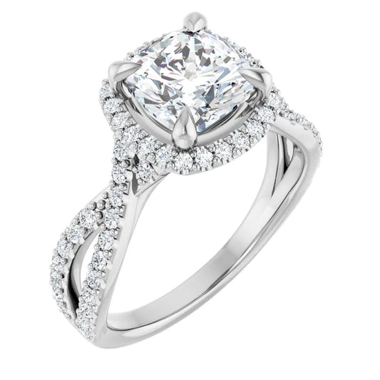 Cushion White Gold Twist Band Halo Moissanite Engagement Ring
