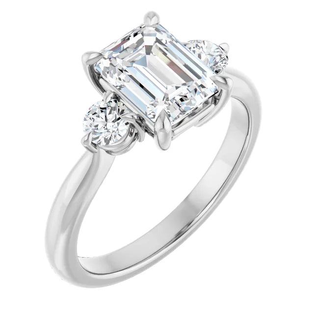 Emerald White Gold Tri Stone Moissanite Engagement Ring