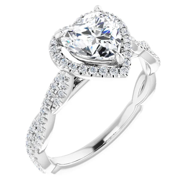 Heart White Gold Halo Twist Pave Moissanite Engagement Ring