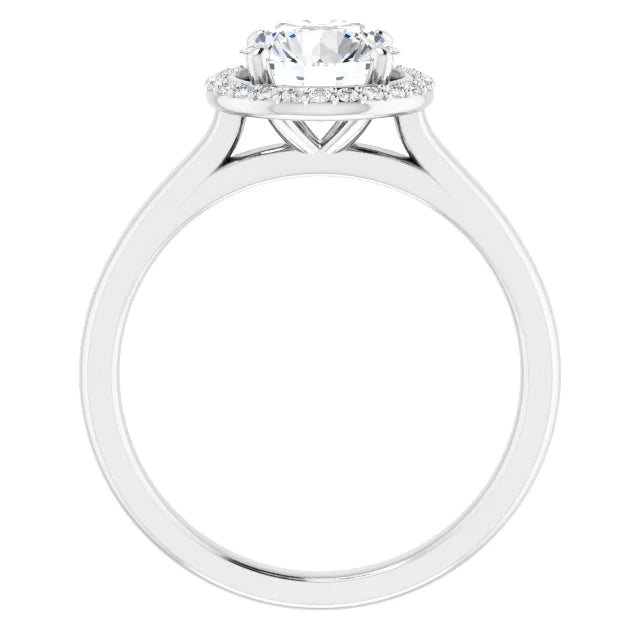 White Gold Round Brilliant Halo Solitaire Engagement Ring. Moissanite