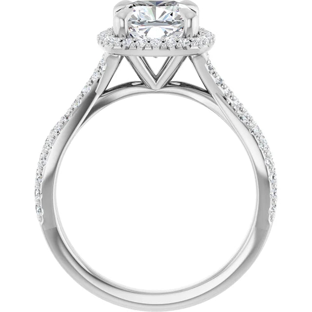 Cushion White Gold Twist Band Halo Moissanite Engagement Ring