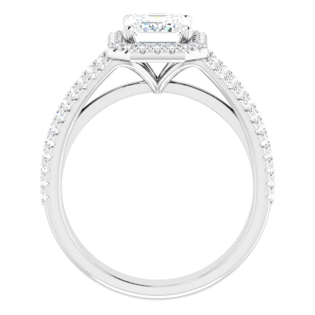 Emerald White Gold Halo Split Pave Moissanite Engagement Ring