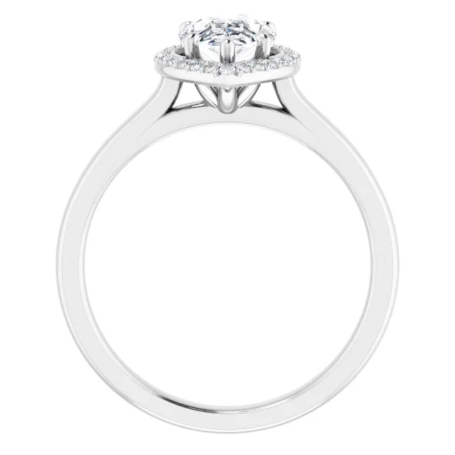 White Gold Pear Halo Solitaire Engagement Ring. Moissanite