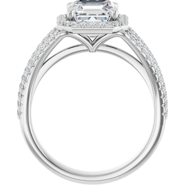 Asscher White Gold Halo Split Pave Moissanite Engagement Ring