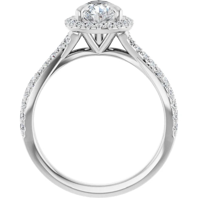 Pear White Gold Twist Band Halo Moissanite Engagement Ring