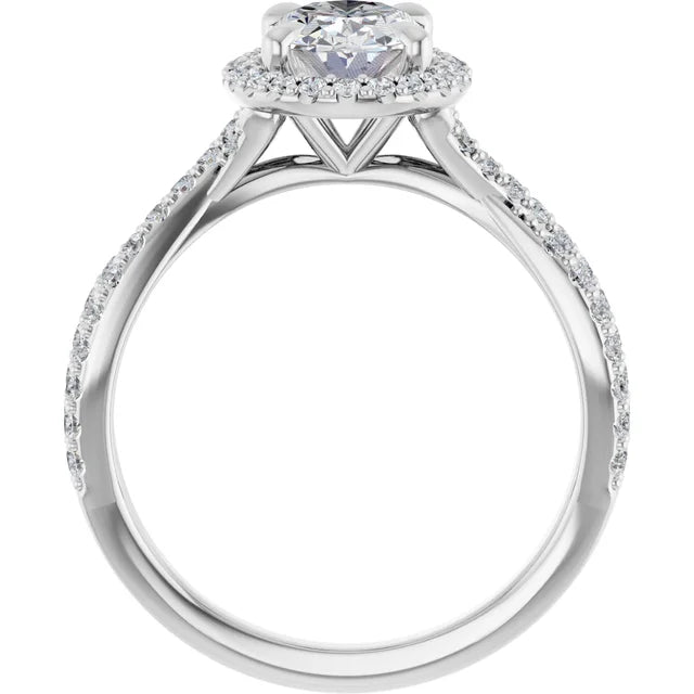 Oval White Gold Twist Band Halo Moissanite Engagement Ring