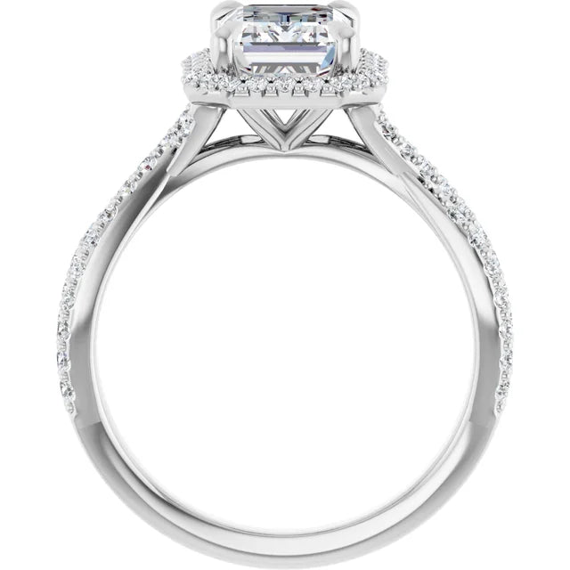 Emerald White Gold Twist Band Halo Moissanite Engagement Ring