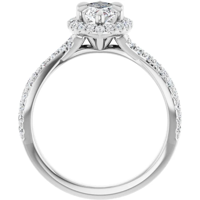 Marquise White Gold Twist Band Halo Moissanite Engagement Ring