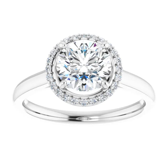 White Gold Round Brilliant Halo Solitaire Engagement Ring. Moissanite