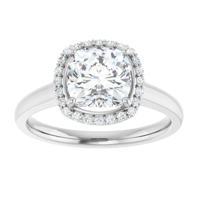 White Gold Cushion Halo Solitaire Engagement Ring. Moissanite
