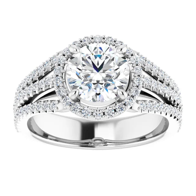Round Brilliant White Gold Halo Split Pave Moissanite Engagement Ring