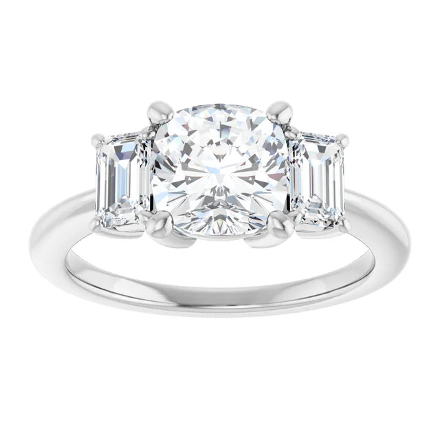Cushion White Gold Tri Stone Moissanite Engagement Ring