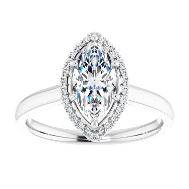 White Gold Marquise Halo Solitaire Engagement Ring. Moissanite