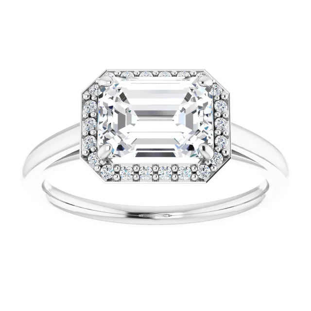 Emerald White Gold East West Halo Moissanite Engagement Ring