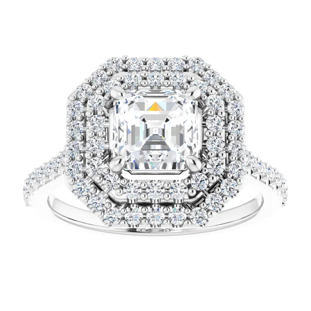 Asscher Double Halo White Gold Moissanite Engagement Ring