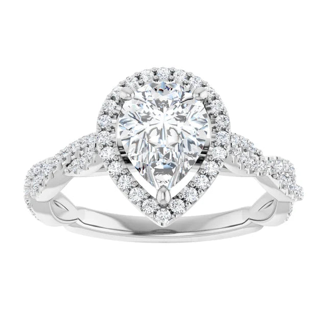Pear White Gold Halo Twist Pave Moissanite Engagement Ring