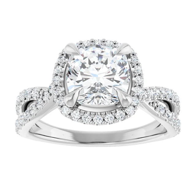 Cushion White Gold Twist Band Halo Moissanite Engagement Ring