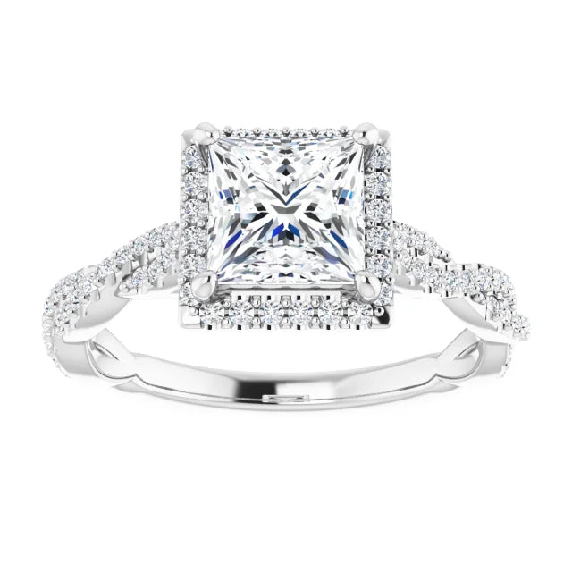 Princess White Gold Halo Twist Pave Moissanite Engagement Ring