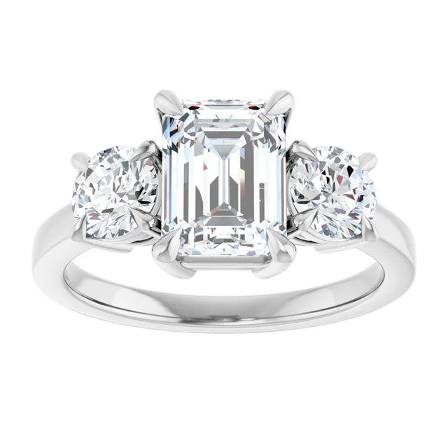 Emerald White Gold Tri Stone Moissanite Engagement Ring